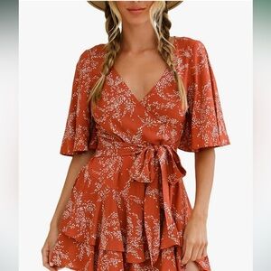 Relipop | Women's Summer Romper Floral V Neck Short Sleeve Waist Tie Romper